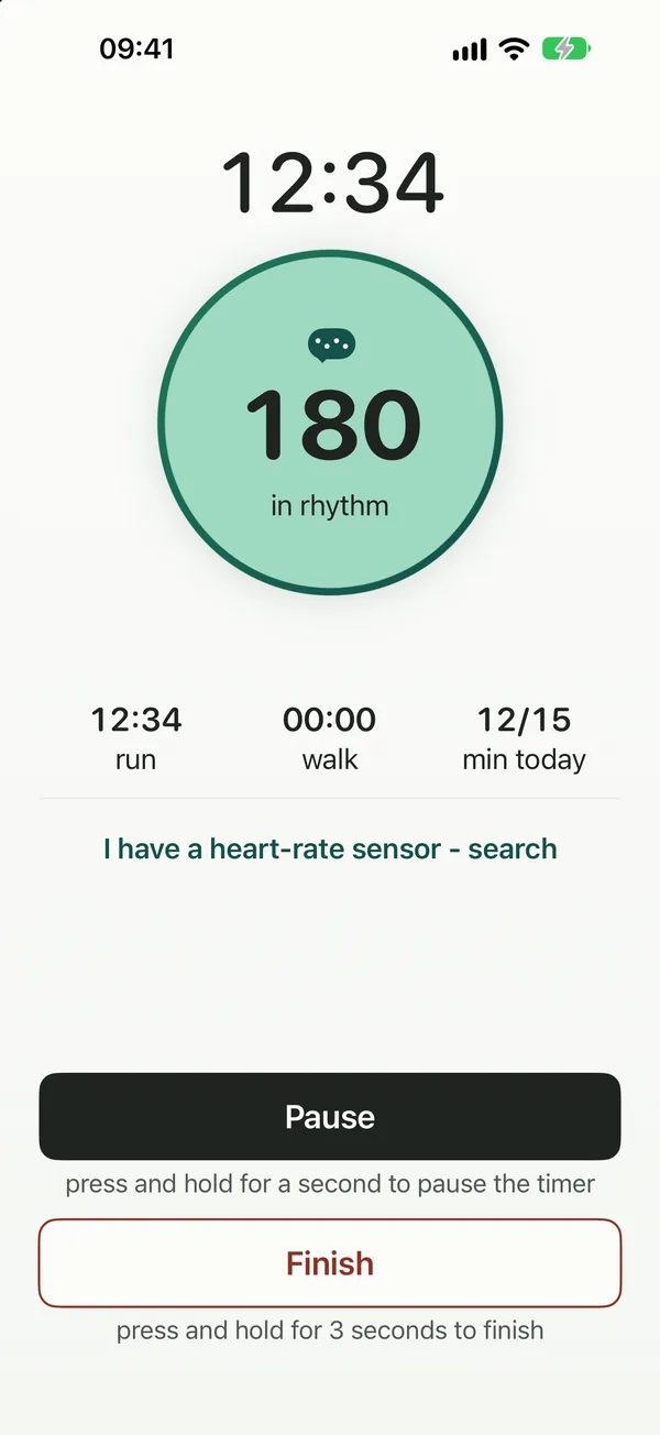Run screen: 180 steps per minute, in rhythm