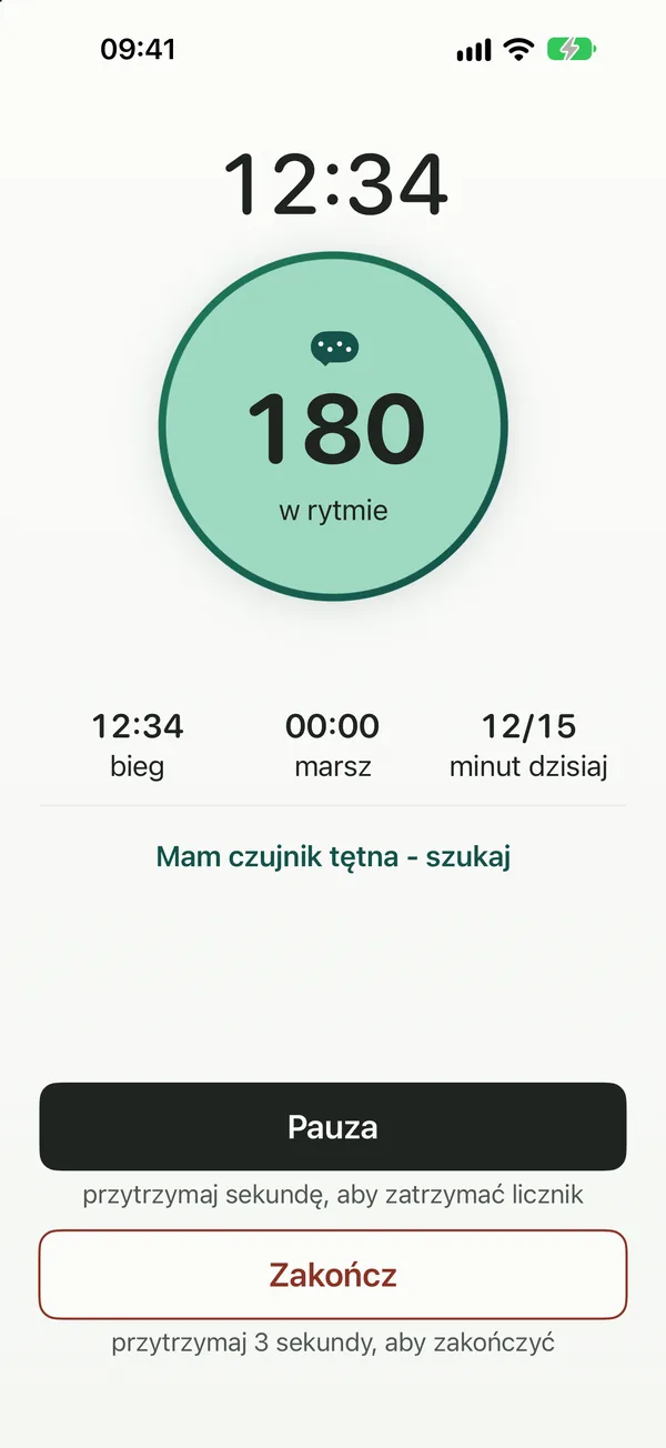 Ekran biegu: 180 kroków na minutę, w rytmie